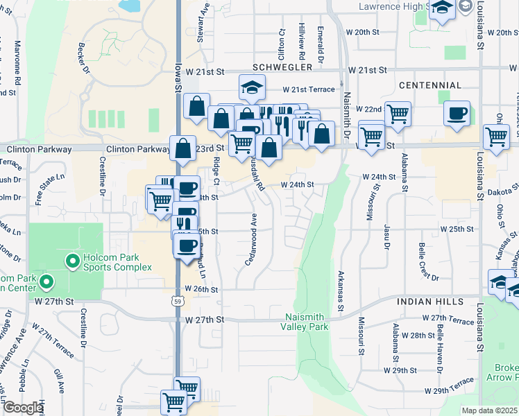 map of restaurants, bars, coffee shops, grocery stores, and more near 2421 Cedarwood Avenue in Lawrence
