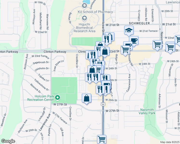 map of restaurants, bars, coffee shops, grocery stores, and more near 2434 West 24th Terrace in Lawrence