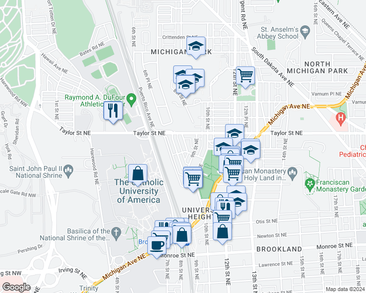 map of restaurants, bars, coffee shops, grocery stores, and more near 4008 8th Street Northeast in Washington