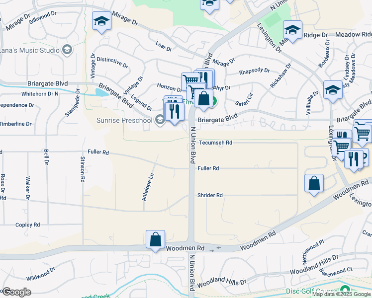 map of restaurants, bars, coffee shops, grocery stores, and more near 7470 North Union Boulevard in Colorado Springs