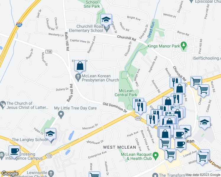 map of restaurants, bars, coffee shops, grocery stores, and more near 1234 Earnestine Street in McLean