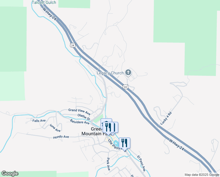 map of restaurants, bars, coffee shops, grocery stores, and more near 10635 Green Mountain Falls Road in Green Mountain Falls