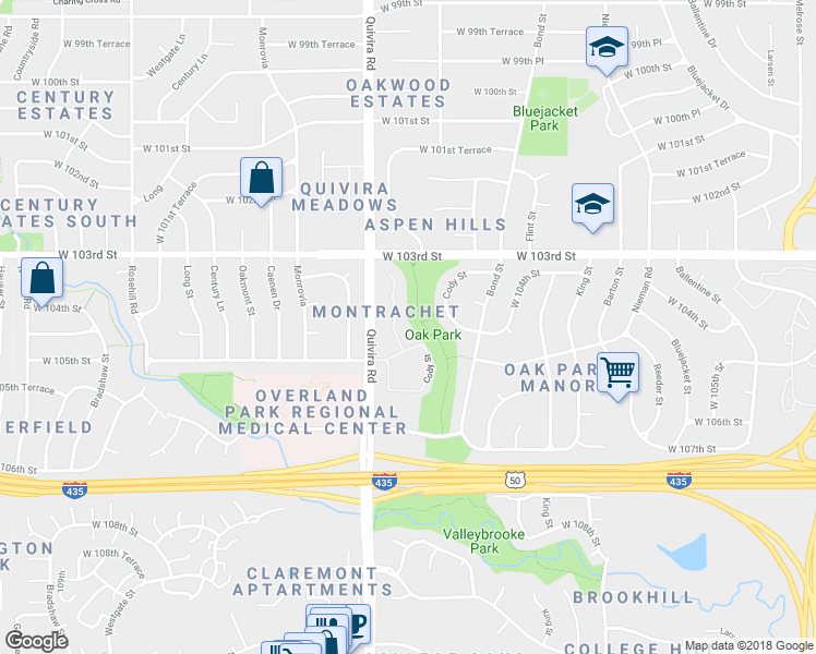 map of restaurants, bars, coffee shops, grocery stores, and more near 10409 Garnett Street in Overland Park