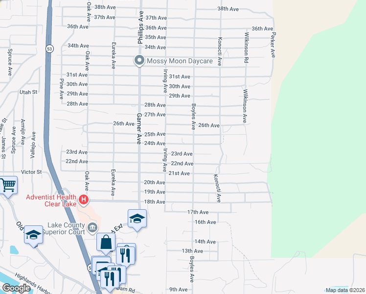 map of restaurants, bars, coffee shops, grocery stores, and more near 16083 24th Avenue in Clearlake