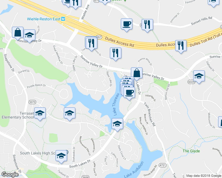 map of restaurants, bars, coffee shops, grocery stores, and more near 2018 Upper Lake Drive in Reston
