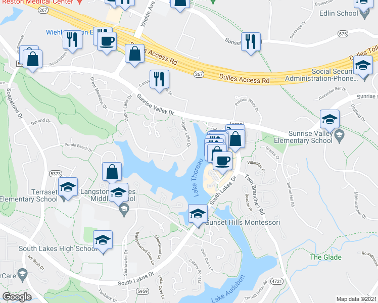 map of restaurants, bars, coffee shops, grocery stores, and more near 2018 Upper Lake Drive in Reston