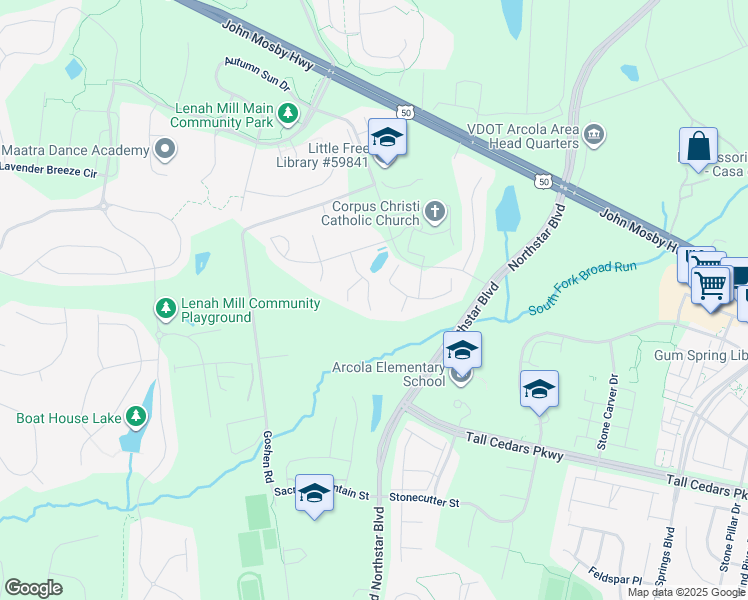 map of restaurants, bars, coffee shops, grocery stores, and more near 24506 Coquina Lane in Aldie