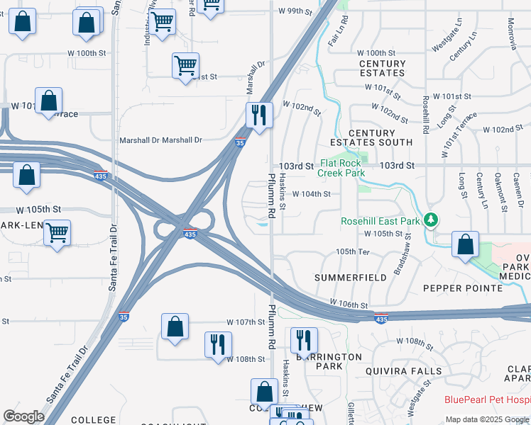map of restaurants, bars, coffee shops, grocery stores, and more near 10426 Pflumm Road in Lenexa