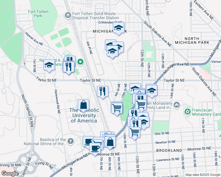 map of restaurants, bars, coffee shops, grocery stores, and more near 4008 8th Street Northeast in Washington