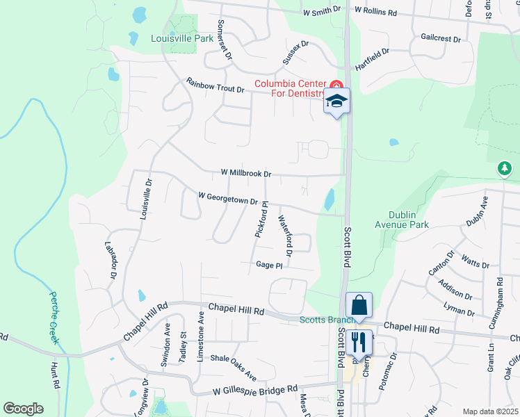 map of restaurants, bars, coffee shops, grocery stores, and more near 4600 West Georgetown Drive in Columbia