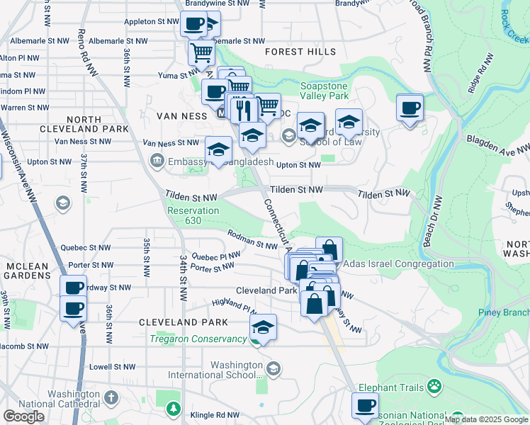 map of restaurants, bars, coffee shops, grocery stores, and more near 3900 Connecticut Avenue Northwest in Washington