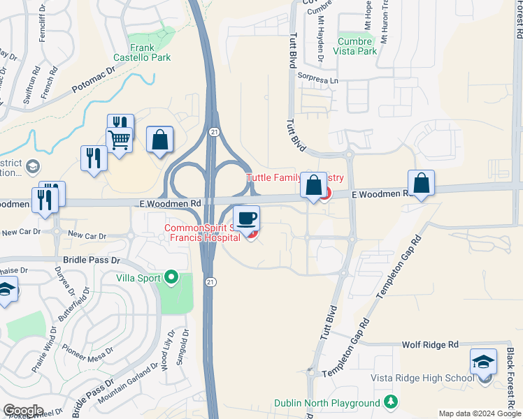 map of restaurants, bars, coffee shops, grocery stores, and more near 6073 Sisters Grove in Colorado Springs