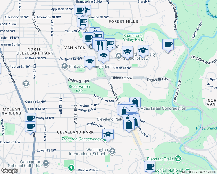 map of restaurants, bars, coffee shops, grocery stores, and more near 3900 Connecticut Avenue Northwest in Washington