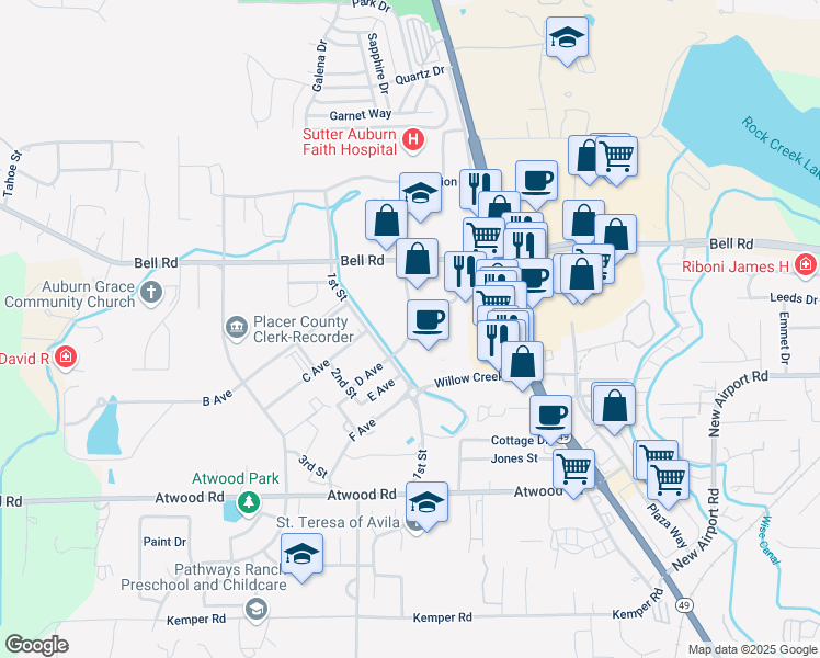 map of restaurants, bars, coffee shops, grocery stores, and more near 3107 Professional Drive in Auburn