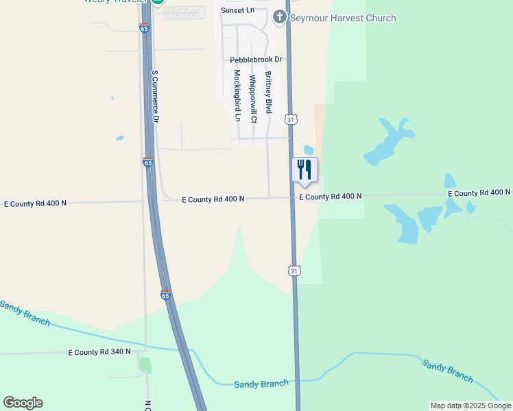 map of restaurants, bars, coffee shops, grocery stores, and more near 10857 East County Road 400 North in Seymour