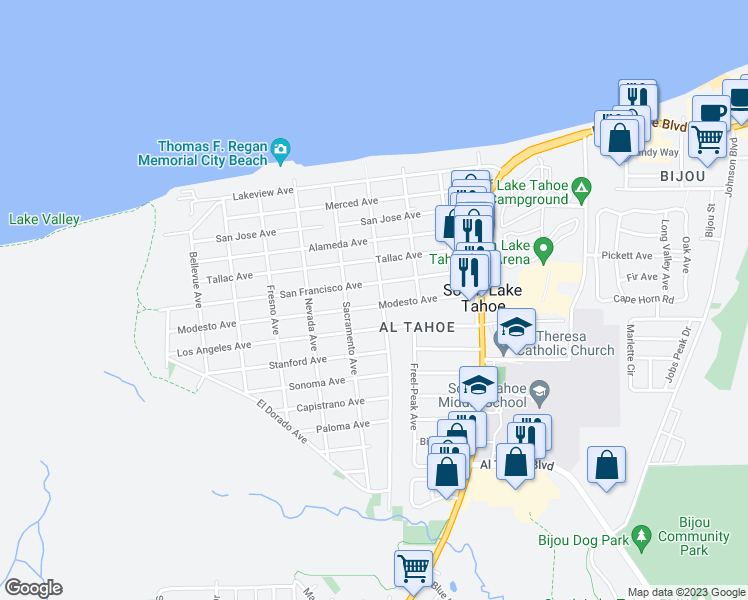 map of restaurants, bars, coffee shops, grocery stores, and more near 881 Modesto Avenue in South Lake Tahoe