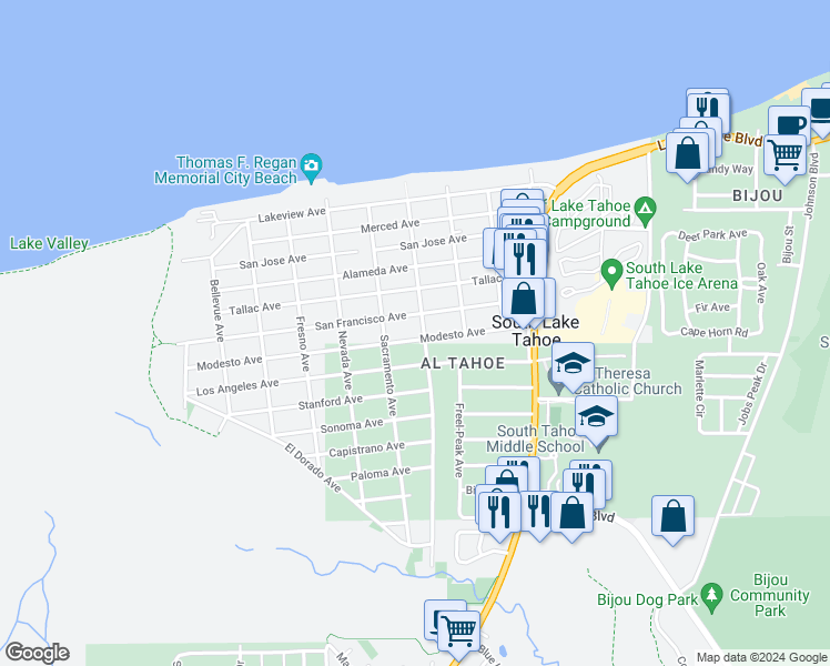 map of restaurants, bars, coffee shops, grocery stores, and more near 883 Modesto Avenue in South Lake Tahoe