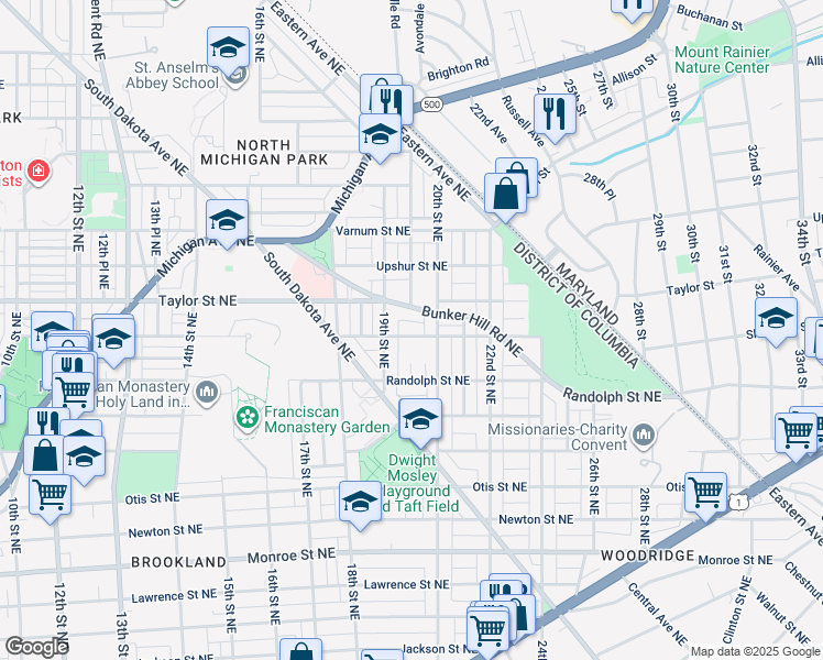 map of restaurants, bars, coffee shops, grocery stores, and more near 1920 Shepherd Street Northeast in Washington