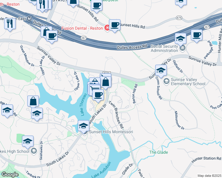 map of restaurants, bars, coffee shops, grocery stores, and more near 1951 Sagewood Lane in Reston