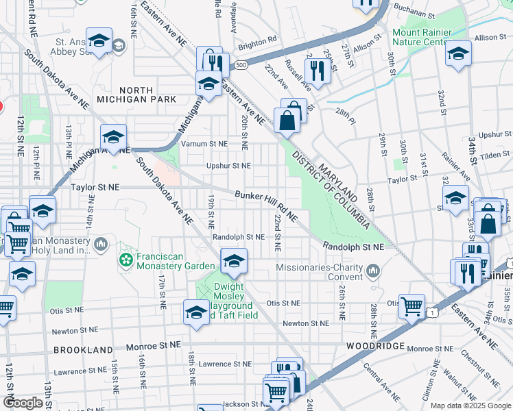 map of restaurants, bars, coffee shops, grocery stores, and more near 2020 Shepherd Street Northeast in Washington