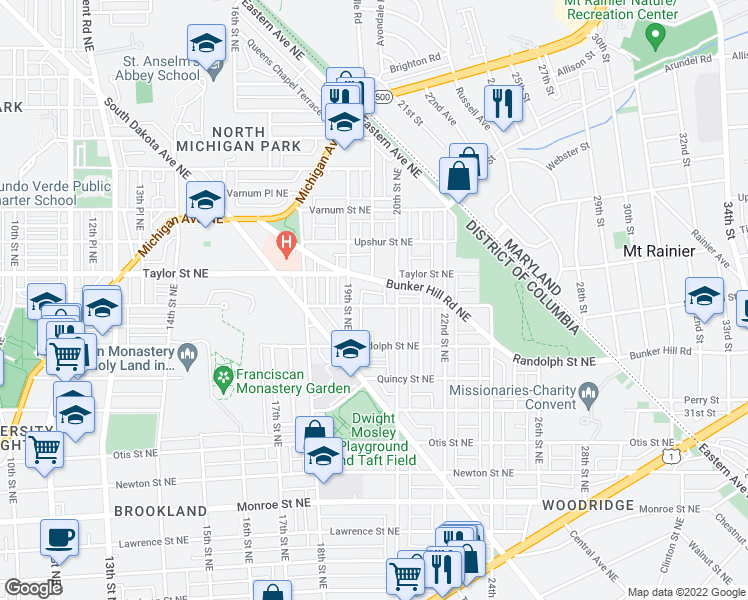map of restaurants, bars, coffee shops, grocery stores, and more near 1920 Shepherd Street Northeast in Washington