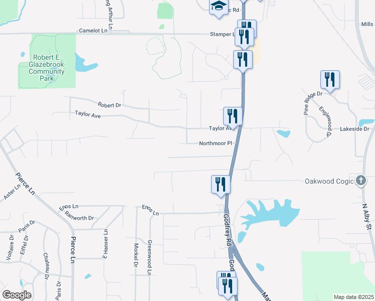 map of restaurants, bars, coffee shops, grocery stores, and more near 722 Ramona Place in Godfrey