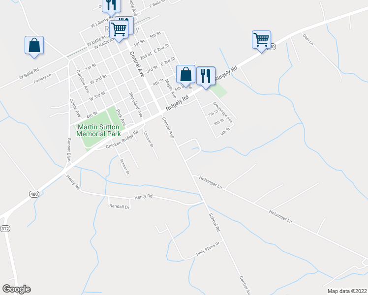 map of restaurants, bars, coffee shops, grocery stores, and more near 2 Oakview Court in Ridgely