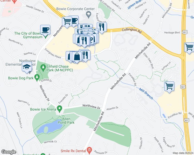 map of restaurants, bars, coffee shops, grocery stores, and more near 15613 Everglade Lane in Bowie