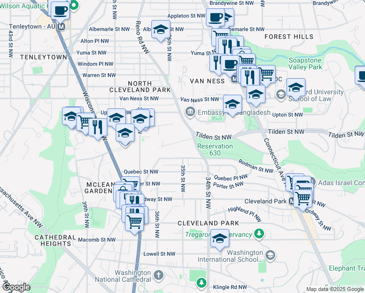 map of restaurants, bars, coffee shops, grocery stores, and more near 3508 Springland Lane Northwest in Washington