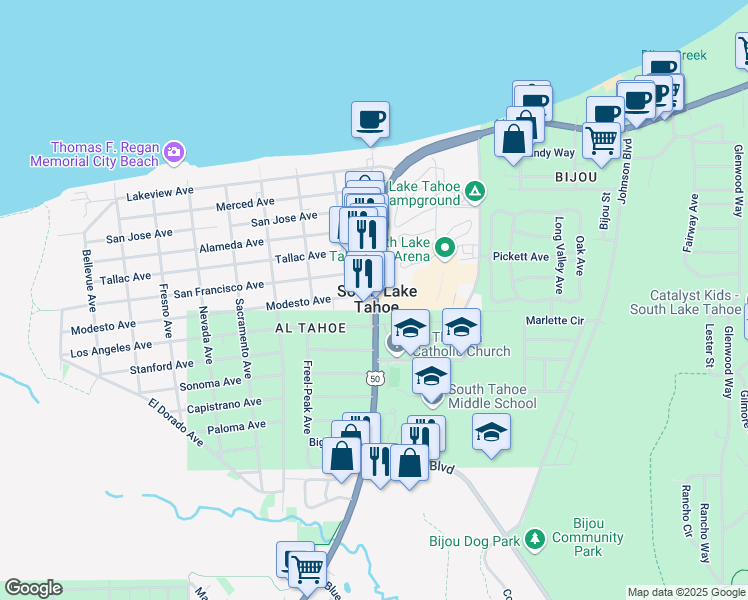 map of restaurants, bars, coffee shops, grocery stores, and more near 3059 Lake Tahoe Boulevard in South Lake Tahoe