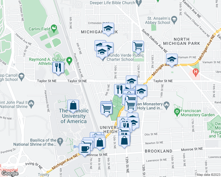 map of restaurants, bars, coffee shops, grocery stores, and more near 4023 9th Street Northeast in Washington