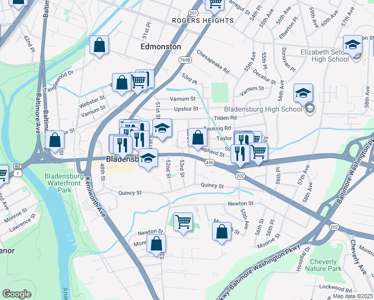 map of restaurants, bars, coffee shops, grocery stores, and more near 4103 53rd Place in Bladensburg