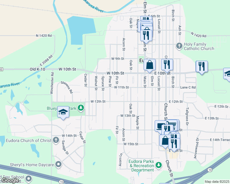 map of restaurants, bars, coffee shops, grocery stores, and more near 1107 Fir Street in Eudora