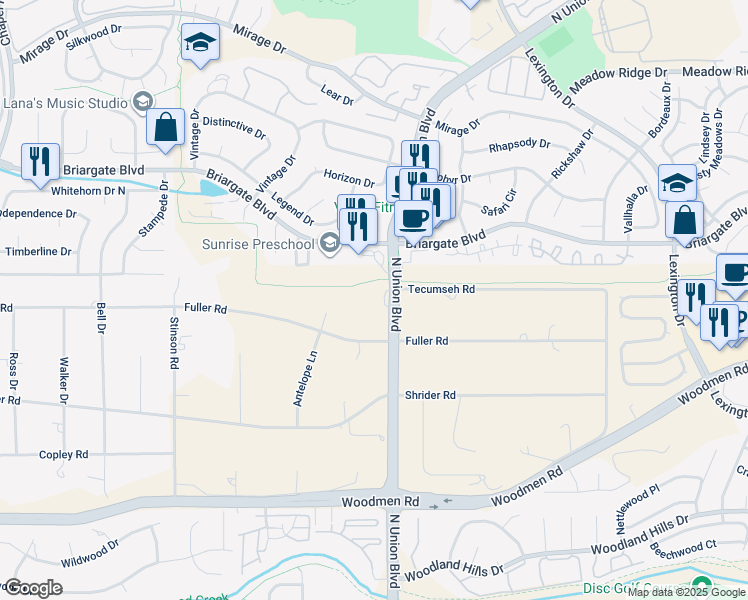 map of restaurants, bars, coffee shops, grocery stores, and more near 7470 North Union Boulevard in Colorado Springs