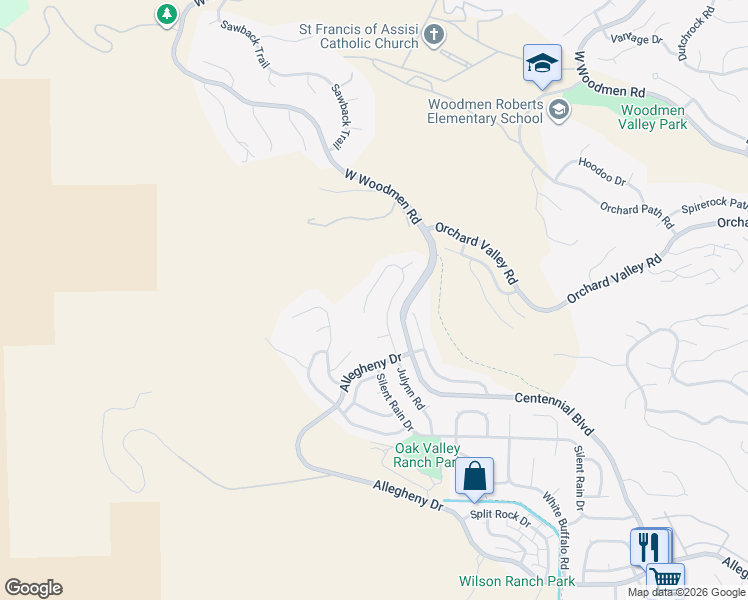 map of restaurants, bars, coffee shops, grocery stores, and more near 7590 Julynn Road in Colorado Springs