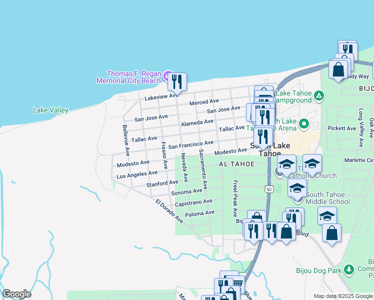 map of restaurants, bars, coffee shops, grocery stores, and more near 816 San Francisco Avenue in South Lake Tahoe