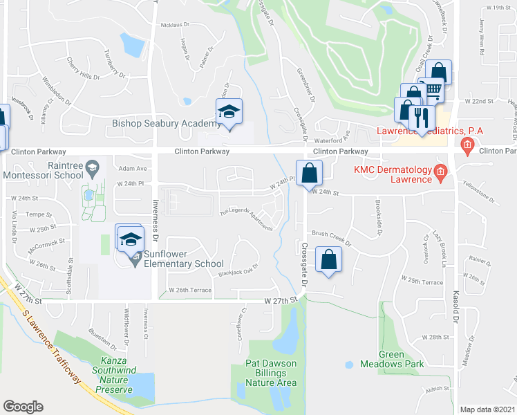 map of restaurants, bars, coffee shops, grocery stores, and more near 4101 West 24th Place in Lawrence