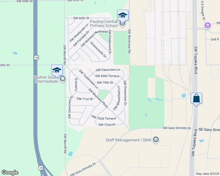 map of restaurants, bars, coffee shops, grocery stores, and more near 1602 Southwest 70th Terrace in Topeka