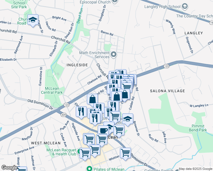 map of restaurants, bars, coffee shops, grocery stores, and more near 1301 Dolley Madison Boulevard in McLean