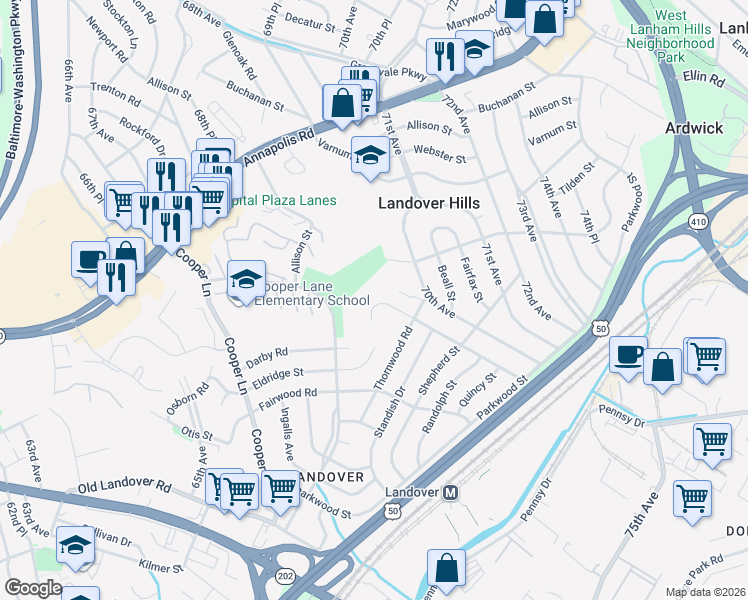 map of restaurants, bars, coffee shops, grocery stores, and more near 6814 Barton Road in Hyattsville