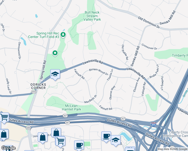 map of restaurants, bars, coffee shops, grocery stores, and more near 8015 Agin Court in McLean