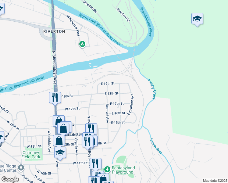 map of restaurants, bars, coffee shops, grocery stores, and more near 130 East 18th Street in Front Royal
