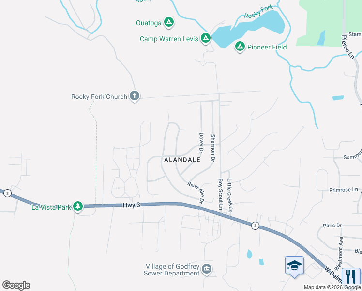 map of restaurants, bars, coffee shops, grocery stores, and more near 5305 River Aire Drive in Godfrey