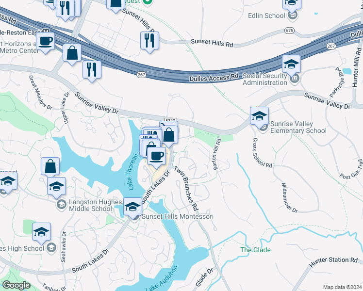 map of restaurants, bars, coffee shops, grocery stores, and more near 1951 Sagewood Lane in Reston