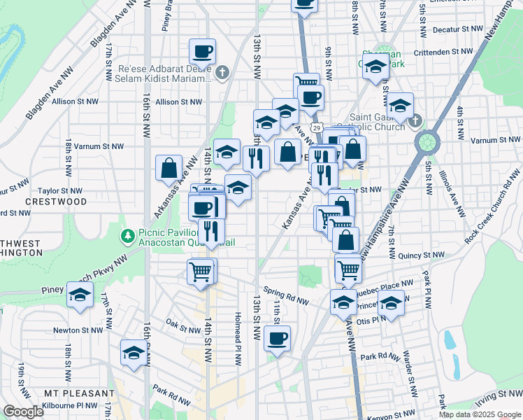 map of restaurants, bars, coffee shops, grocery stores, and more near 1247 Shepherd Street Northwest in Washington