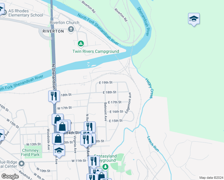 map of restaurants, bars, coffee shops, grocery stores, and more near 130 East 18th Street in Front Royal