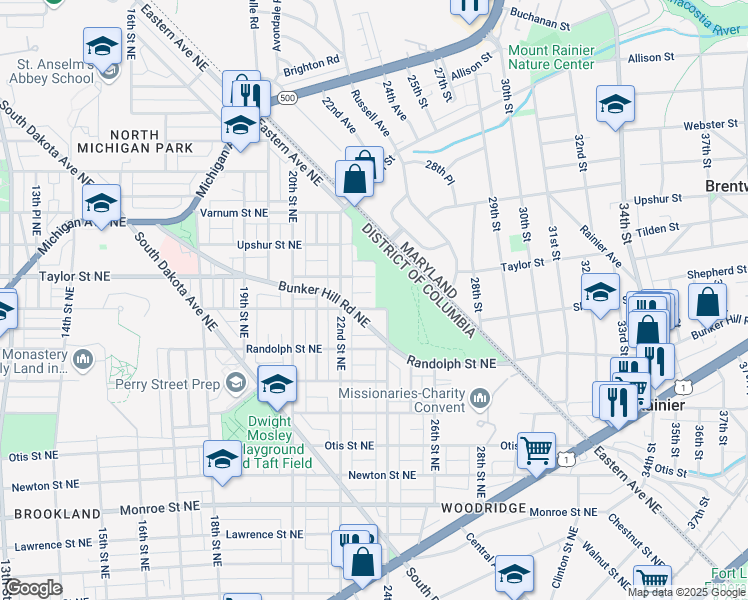 map of restaurants, bars, coffee shops, grocery stores, and more near 2230 Shepherd Street Northeast in Washington