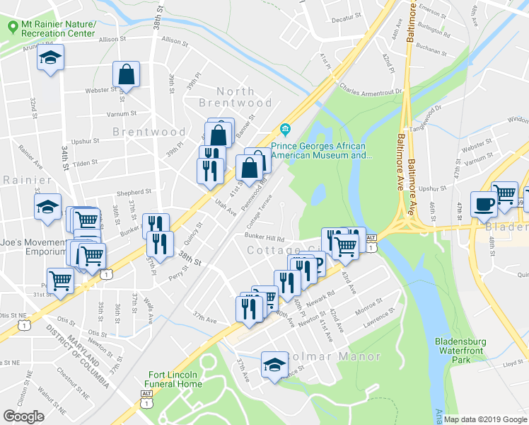map of restaurants, bars, coffee shops, grocery stores, and more near 4107 Cottage Terrace in Brentwood