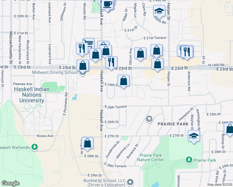 map of restaurants, bars, coffee shops, grocery stores, and more near 1061 Home Circle in Lawrence