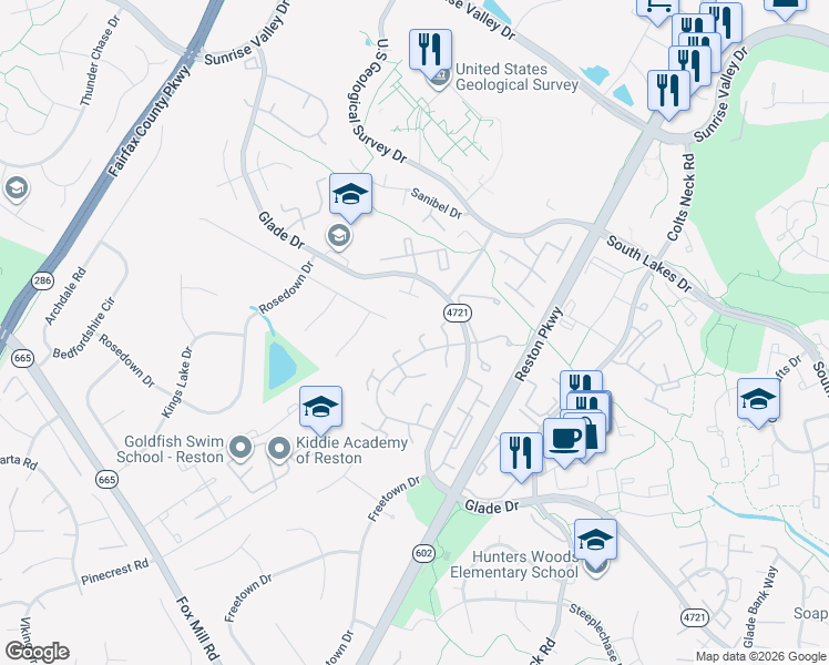 map of restaurants, bars, coffee shops, grocery stores, and more near 2264 Covent Gardens Court in Reston